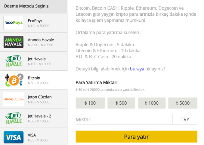 Bets10 Bitcoin ile para yatırma