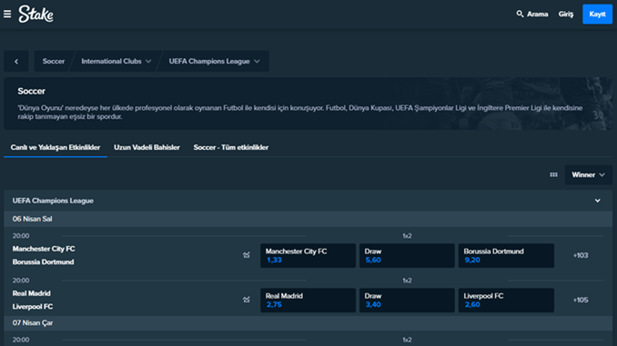 Stake.com bahis bölümü
